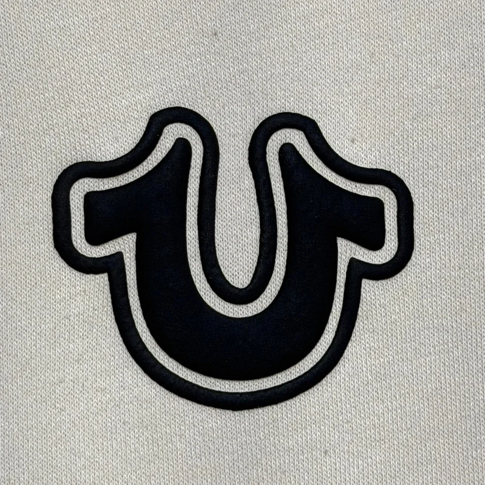 True Religion Mens Cream Full Zip Horseshoe Logo Fleece Hoodie Size Large L